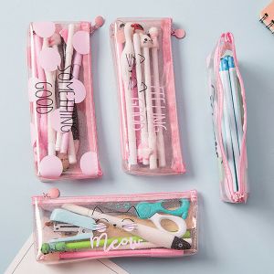Studify - כל מה שסטודנט צריך קלמרים Cute Pink transparent Pencil Pen Case Makeup Bag Storage Pouch Purse Stationery